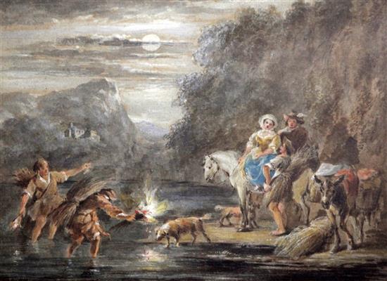 Attributed to Jan Wyck (1640-1702) Hawking and Night Fishing 7.75 x 10.5in.